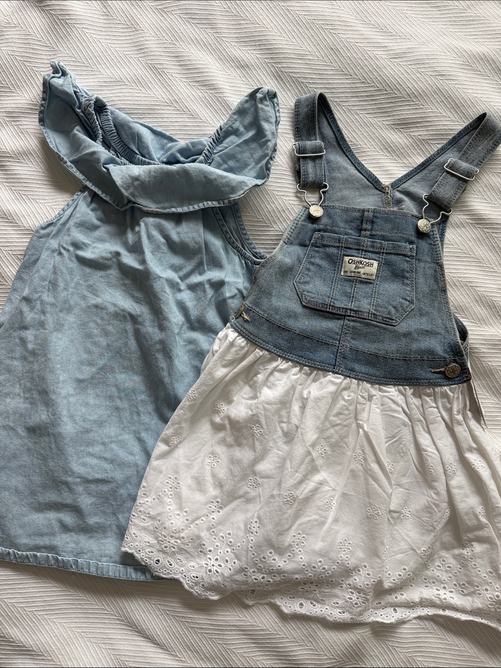 OshKosh B'gosh Blue Denim Overalls with White Eyelet Skirt